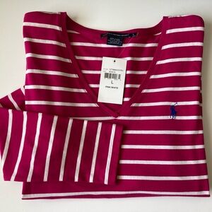 Ralph Lauren Sport Pink White Striped V-Neck Top L Shirt 3/4 Sleeve Cotton New